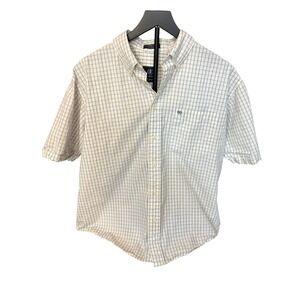 IZOD Saltwater Mens Large White Blue Windowpane Check Short Sleeve Button Shirt